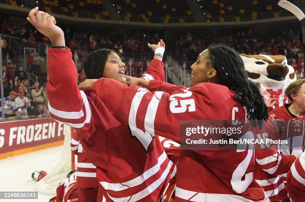 Chayla Edwards of the Wisconsin Badgers celebrates with her sister Laila Edwards following a 1-0 win over the Ohio State Buckeyes during the Division...