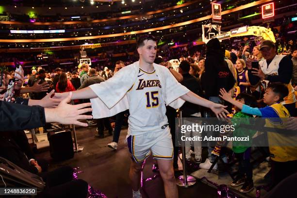 Austin Reaves of the Los Angeles Lakers walks off the court after the game against the Orlando Magic on March 19, 2023 at Crypto.Com Arena in Los...