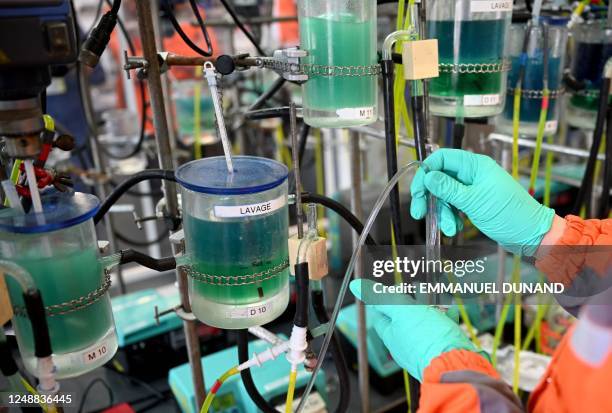 Technician manipulates an apparatus with which Nickel and lithium are separated in a laboratory after being collected from recycled electric car...