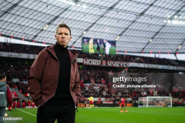 March 2023, North Rhine-Westphalia, Leverkusen: Soccer: Bundesliga, Bayer Leverkusen - Bayern Munich, Matchday 25, BayArena. Bayer coach Julian...