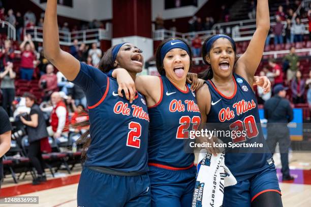 Ole Miss Rebels players celebrate their win during the second round of the NCAA Womens Basketball Tournament between the Ole Miss Rebels and the...