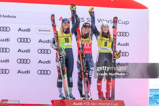 Mikaela SHIFFRIN of USA celebrates after receiving the overall Cristal Globe Super G of the FIS Alpine Ski World Cup for the Women's, next to...