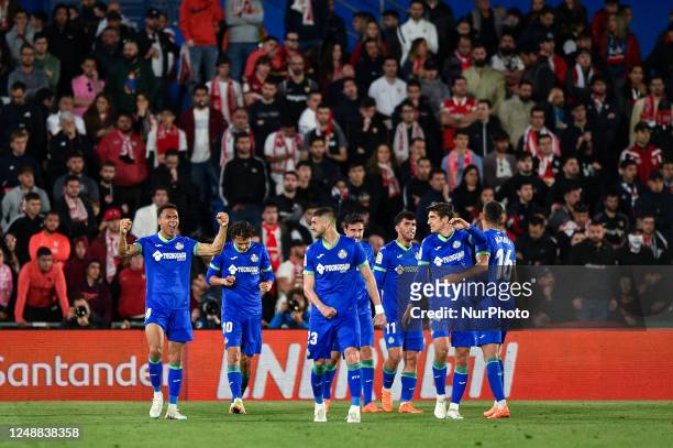 Gaston Alvarez, Enes Unal, Jaime Mata, Carles Alena, Stefan Mitrovic, Gonzalo Villar and Angel Algobia celebrates a goal during La Liga match between...