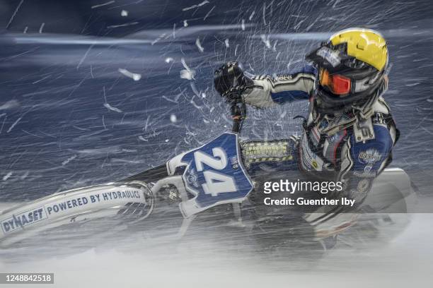 Max Kuivula of Finland during the FIM Ice Speedway World Championship on March 19, 2023 in Inzell, Germany.