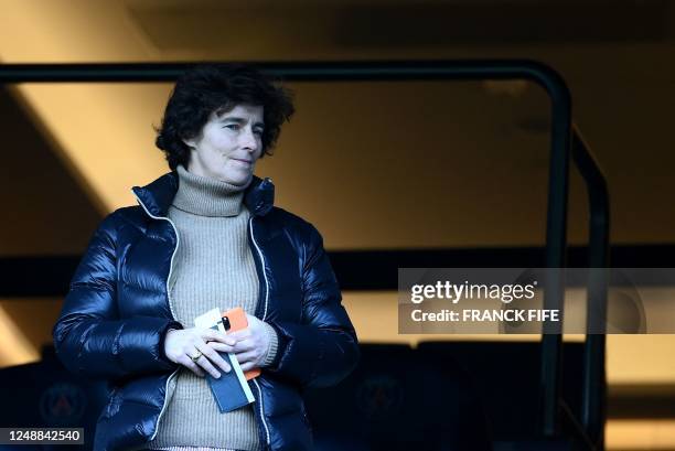 Delphine Verheyden, lawyer of Kylian Mbappe attends the French L1 football match between Paris Saint-Germain and Stade Rennais FC at The Parc des...