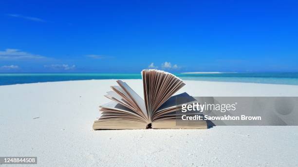an open book on a sandy surface near the beach in summer. - beach tropical deserted blue sky stock-fotos und bilder