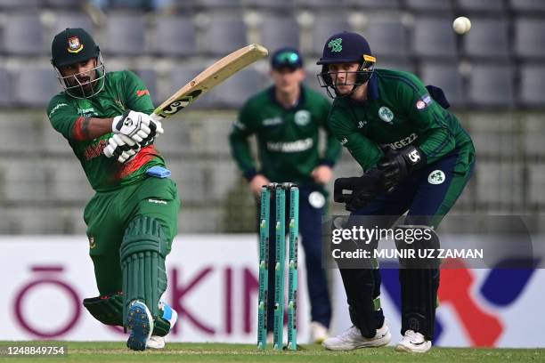 Bangladesh's Litton Das plays a shot during the second one-day international cricket match between Bangladesh and Ireland at the Sylhet International...