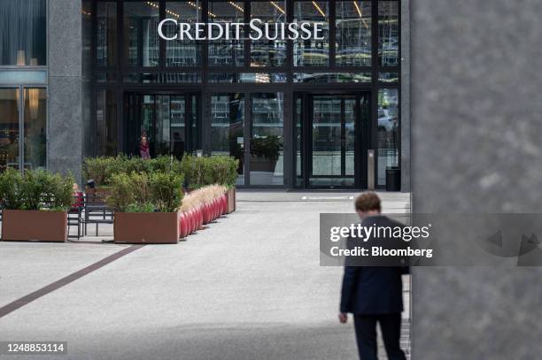 Signage outside the Credit Suisse Group AG office tower in Zurich, Switzerland, on Monday, March 20, 2023. UBS Group AG shares slumped Monday as...