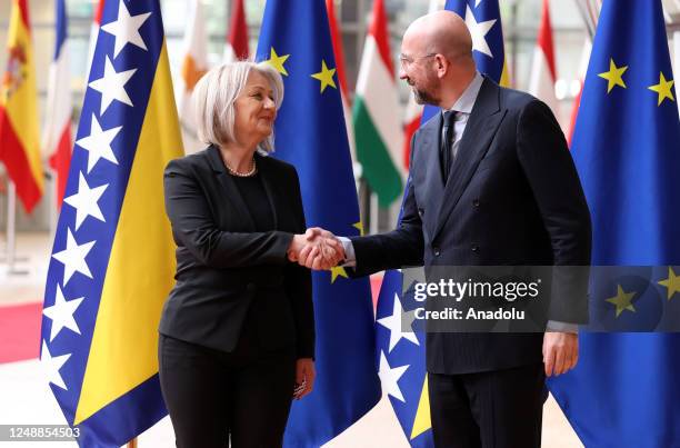 European Commission President Charles Michel and Chair of the Council of Ministers of Bosnia and Herzegovina Borjana Kristo are seen upon their...