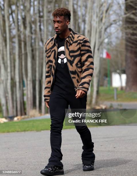 France's forward Kingsley Coman arrives in Clairefontaine-en-Yvelines on March 20, 2023 as part of the team's preparation for upcoming UEFA Euro 2024...