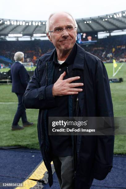 Sven-Goran Eriksson greets lazio fans before the match prior to the Serie A match between SS Lazio and AS Roma at Stadio Olimpico on March 19, 2023...