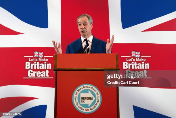 Reform UK honorary president Nigel Farage speaks during a party press conference on March 20, 2023 in London, England. Reform UK was founded in 2018...