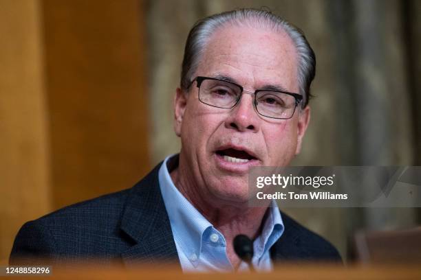 Sen. Mike Braun, R-Ind., questions Office of Management Director Shalanda D. Young during the Senate Budget Committee hearing titled The President's...