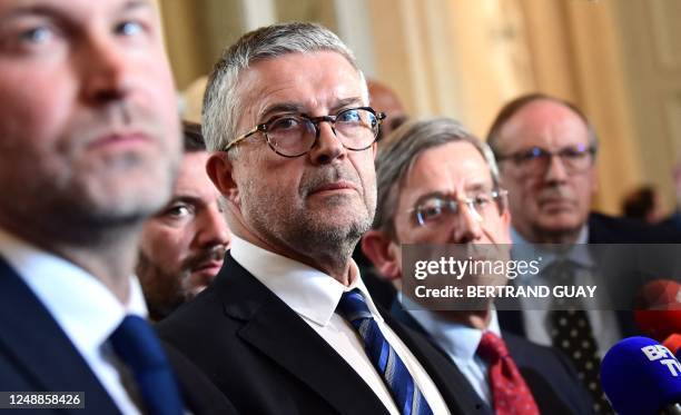 President of the center-right "Libertes, Independants, Outre-mer et Territoires" parliamentary group Bertrand Pancher speaks to journalists prior to...