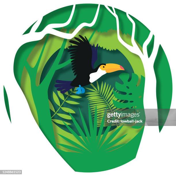 illustrations, cliparts, dessins animés et icônes de toucan volant à travers le papier a découpé la scène de jungle. style de coupe de papier, illustration de stock vectoriel - paper cut