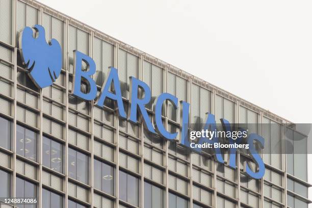 Sign at the headquarters of Barclays Plc in the Canary Wharf financial district in London, UK, on Monday, March 20, 2023. European stocks slumped on...