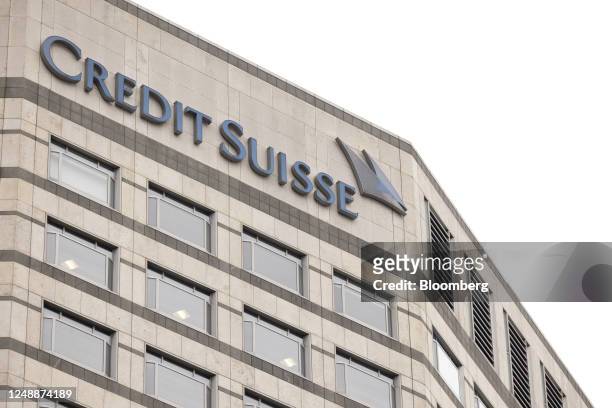 The UK headquarters of Credit Suisse Group AG in Canary Wharf financial district in London, UK, on Monday, March 20, 2023. European stocks slumped on...