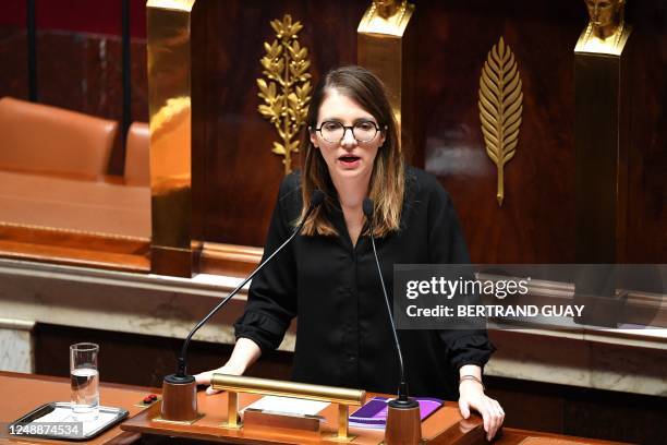 President of the 'Renaissance' parliamentary group at the National Assembly Aurore Berge delivers a speech prior to the vote of two motions of no...