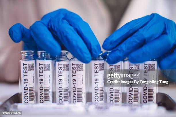 doctor in protection gloves examining & organising test kit for covid-19 in laboratory - covid 19 stock pictures, royalty-free photos & images