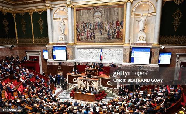 President of the 'Renaissance' parliamentary group at the National Assembly Aurore Berge delivers a speech prior to the vote of two motions of no...