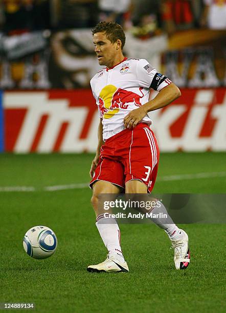 Chris Albright of the New York Red Bulls plays the ball against the Vancouver Whitecaps FC during the game at Red Bull Arena on September 10, 2011 in...