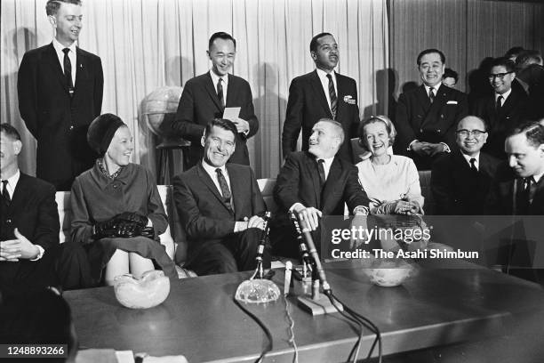 Astranauts Wally Schirra and Frank Borman attend a press conference on arrival at Haneda Airport on February 22, 1966 in Tokyo, Japan.