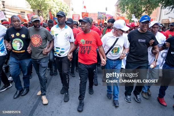 Economic Freedom Fighters leader Julius Malema along Expelled African National Congress member Carl Niehaus march to the presidential Guest house...