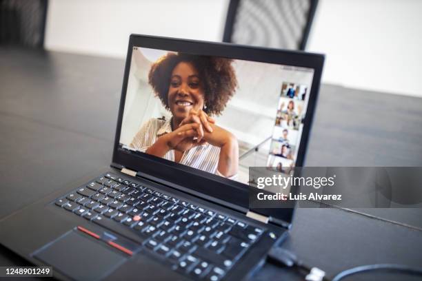 business people brainstorming ideas during a virtual meeting - all access events stockfoto's en -beelden