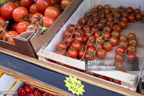 Fresh tomatoes for sale at a small shop as shortages of some vegetables continues in UK supermarkets on 6th March 2023 in London, United Kingdom.