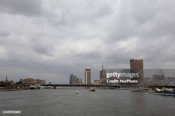 General view of the Ramses Hilton Hotel , the Maspero Television Building and the building of the Egyptian Ministry Of Foreign Affairs overlooking...