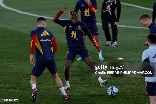 Spain's midfielder Nico Williams trains during a Spain's national team training session at the Ciudad del Futbol training facilities in Las Rozas de...