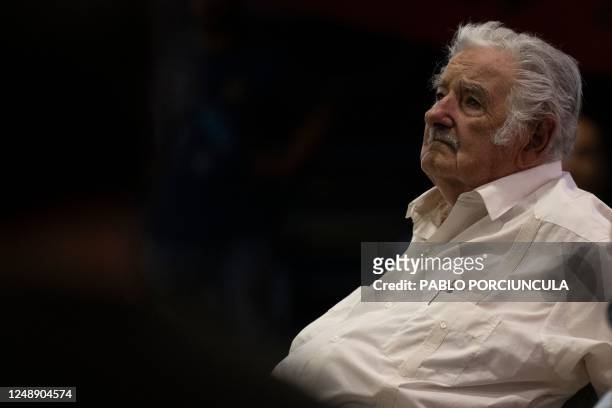 Uruguay's former President Jose Mujica attends the XI Congress of the Movimiento de Participacion Popular party, in Montevideo, on March 19, 2023.
