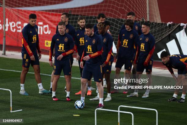 Spain's defender Laporte attends a training session with Spain's national team players at the Ciudad del Futbol training facilities in Las Rozas de...