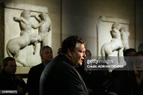 Professor Evangelos Venizelos, the Greek Minister for Culture and Sports, answers questions from the media after viewing the Elgin Marbles in the...