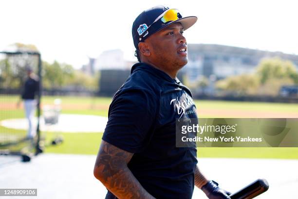 Jasson Domínguez of the New York Yankees smiles during a spring