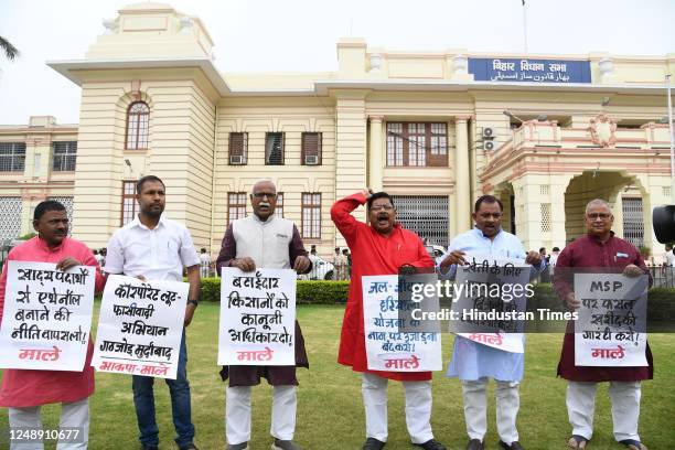 Legislators demonstrating during Budget Session outside of Bihar Assembly on March 20, 2023 in Patna, India.