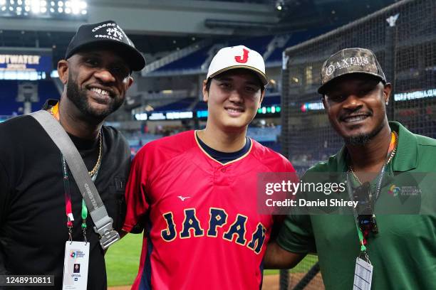 Special assistant to the Commissioner CC Sabathia, Shohei Ohtani of Team Japan and former Team USA outfielder Adam Jones pose for a photo before the...