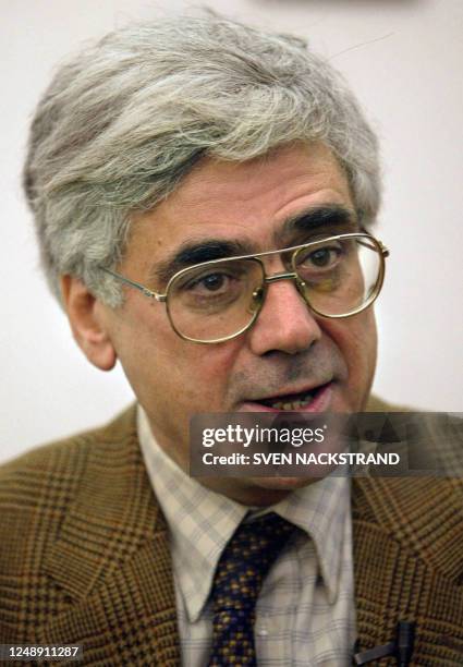 Picture shows Sari Nusseibeh, a moderate Palestinian figure who became PLO pointman for Jerusalem in October 2001, during an interview with Israeli...