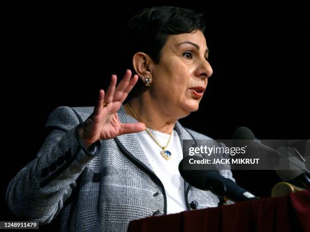 Palestinian parliament member Hanan Ashrawi gestures during her speech after receiving the Olof Palme prize in Stockholm, Sweden 30 January 2003....