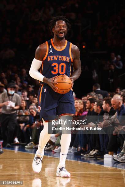 Julius Randle of the New York Knicks looks to pass the ball during the game against the Minnesota Timberwolves on March 20, 2023 at Madison Square...