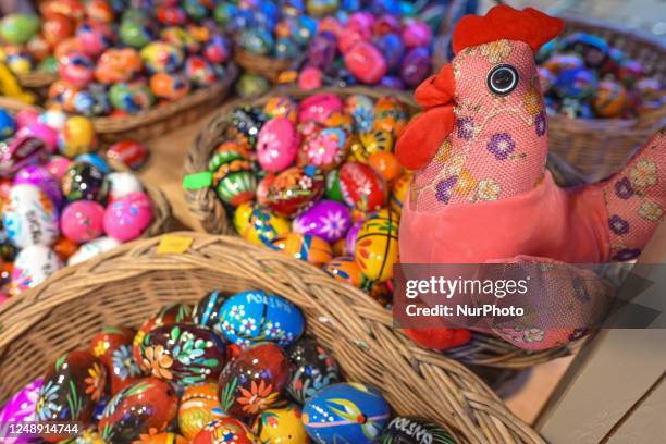 An assortment of hand-painted Polish Easter eggs known as 'Pisanki,' on display at the St. Jozef Fair in Krakow, Poland, on March 20, 2023. Polish...