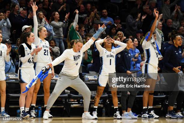 The Villanova Wildcats bench reacts to a basket during the second round of the 2023 NCAA Women's Basketball Tournament held at Finneran Pavilion on...
