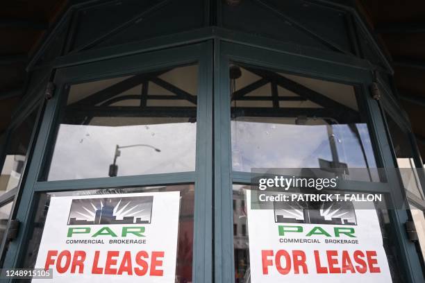 For lease signage is displayed outside of a retail space along the Third Street Promenade in Santa Monica, California on March 20, 2023.