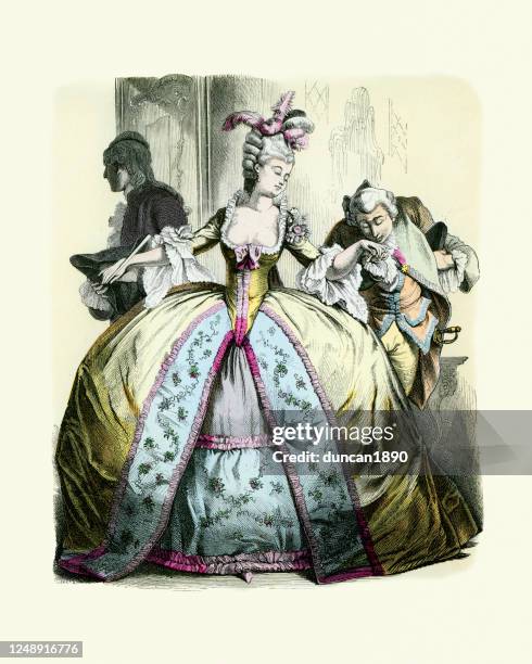 fashion 18th century, noble woman in pannier, man kissing hand - kissing stock illustrations