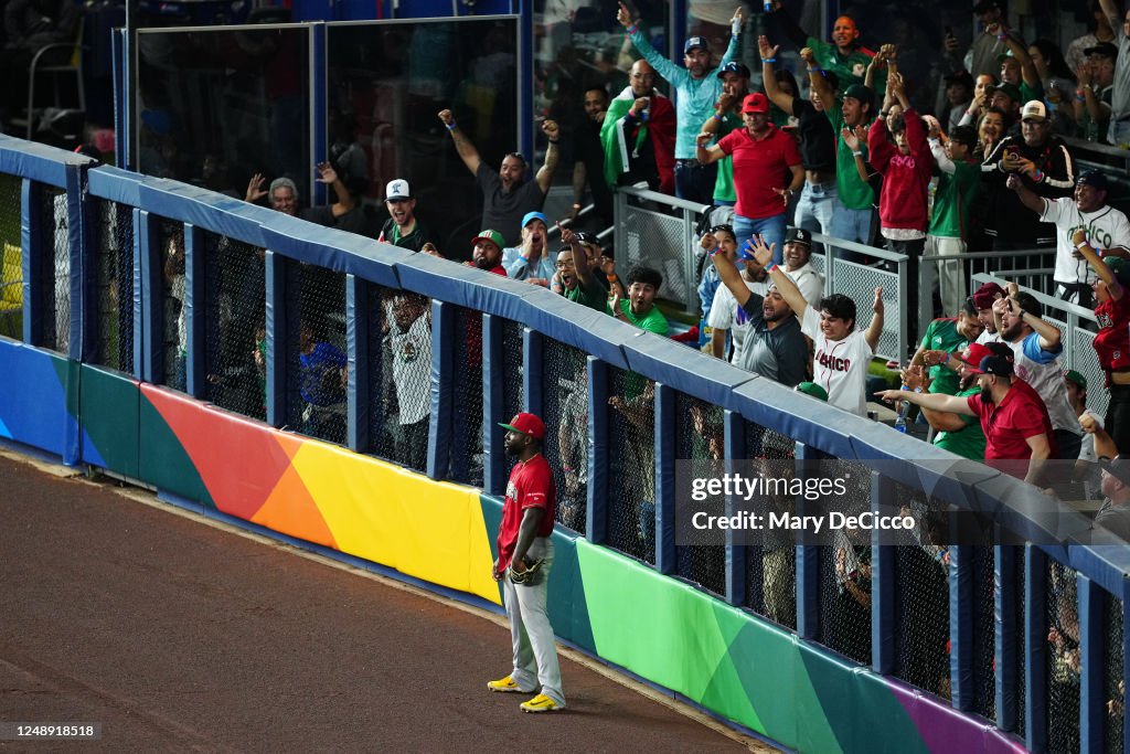 Mexico Randy Baseball Randy Arozarena of Team Mexico reacts after making a leaping catch in ...
