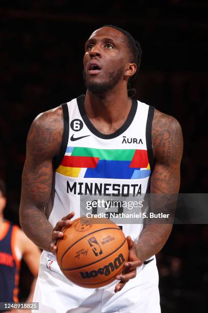 Taurean Prince of the Minnesota Timberwolves shoots a free throw during the game against the New York Knicks on March 20, 2023 at Madison Square...