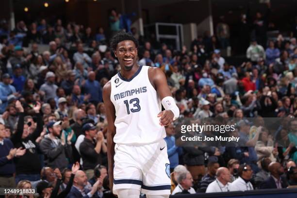 Jaren Jackson Jr. #13 of the Memphis Grizzlies smiles during the final seconds of the game against the Dallas Mavericks on March 20, 2023 at...