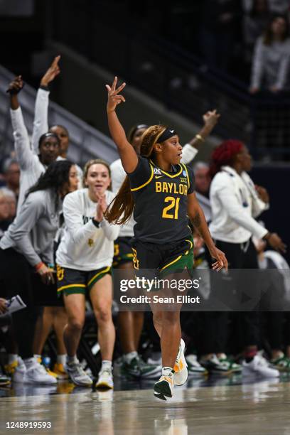 Ja'Mee Asberry of the Baylor University Bears celebrates a three-point basket during the second round of the 2023 NCAA Women's Basketball Tournament...