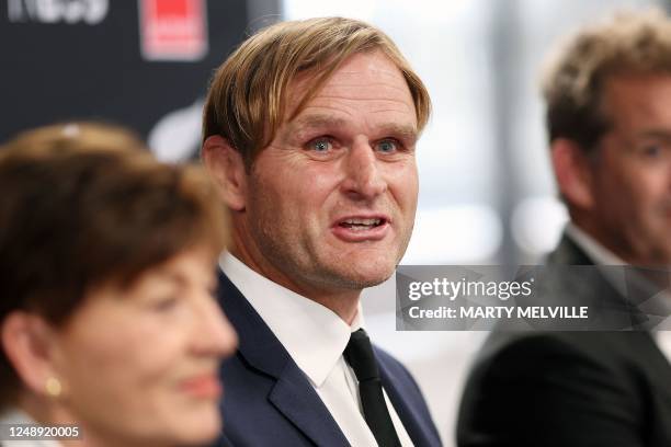 New Zealand's new rugby coach Scott Robertson , New Zealand Rugby CEO Mark Robinson and Chairwoman of New Zealand Rugby Patsy Reddy , speak to the...