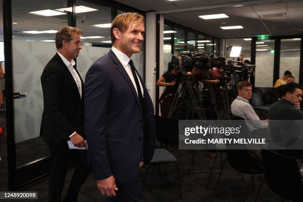 New Zealand's new rugby coach Scott Robertson arrives with Mark Robinson New Zealand Rugby CEO to speak to the media during a press conference at the...